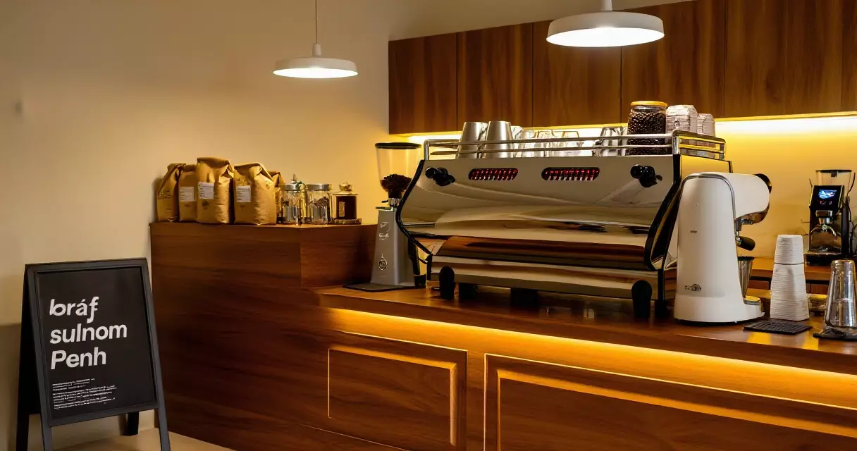 បរិយាកាសខាងក្នុងហាង Feel Good Coffee ភ្នំពេញ ជាមួយម៉ាស៊ីន espresso និងគ្រាប់កាហ្វេលីង