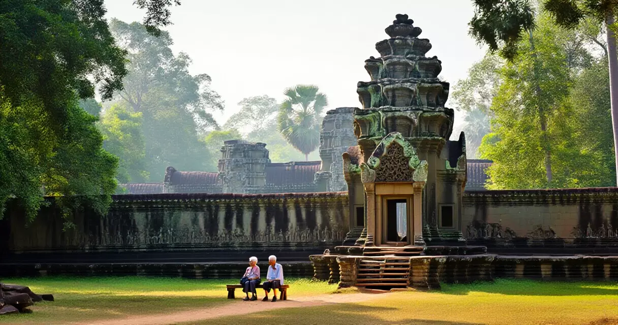 ភ្ញៀវអង្គុយលើកៅអីថ្មីនៅជិតប្រាសាទអង្គរ