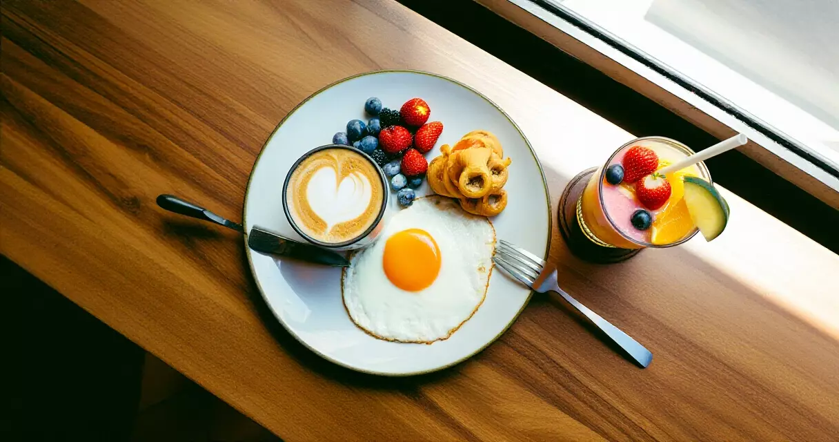 ម្ហូប brunch កាហ្វេឡាតេ និងភេសជ្ជៈផ្លែឈើនៅលើតុឈើក្នុងហាង Park Caf&eacute;