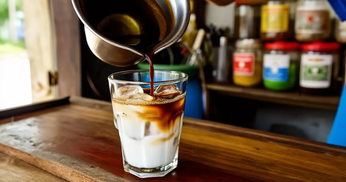 ការរៀបចំ Khmer iced coffee ជាមួយ condensed milk នៅហាងកាហ្វេខ្មែរ