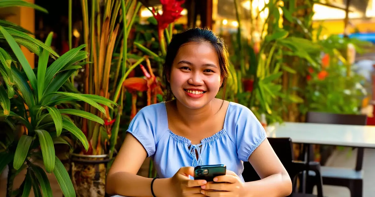 ស្ត្រីខ្មែរវ័យក្មេងប្រើទូរស័ព្ទស្មាតហ្វូននៅហាងកាហ្វេ ភ្នំពេញ
