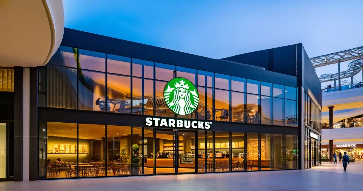 សាខា Starbucks នៅផ្សារទំនើបក្នុងរាជធានីភ្នំពេញពេលល្ងាច