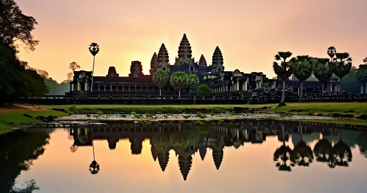 ប្រាសាទអង្គរវត្ត ពេលថ្ងៃរះ ឆ្លុះបញ្ចាំងក្នុងបឹង