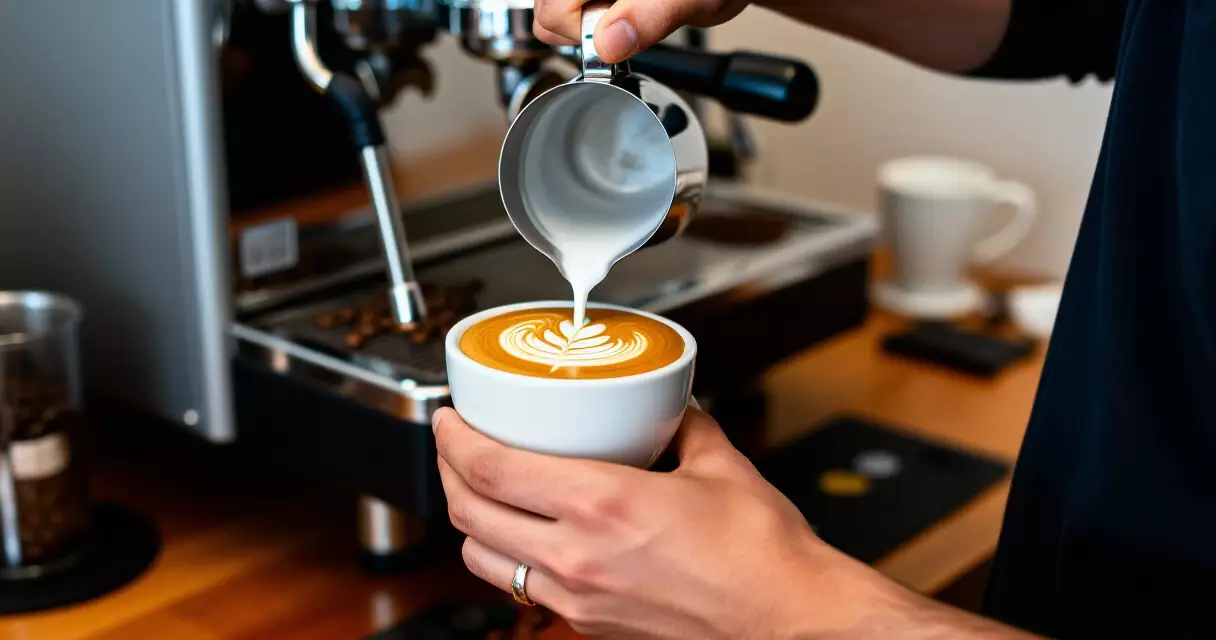 បារីស្តាកំពុងចាក់ latte art ចូលក្នុងពែង ជាមួយគ្រាប់កាហ្វេស្រស់