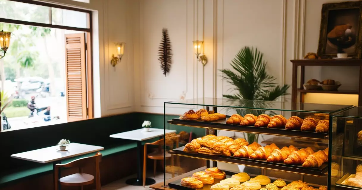 Pastry Corner នៅ Kh&eacute;ma Restaurant ភ្នំពេញ ដែលមាន Croissant និង Eclair ស្រស់
