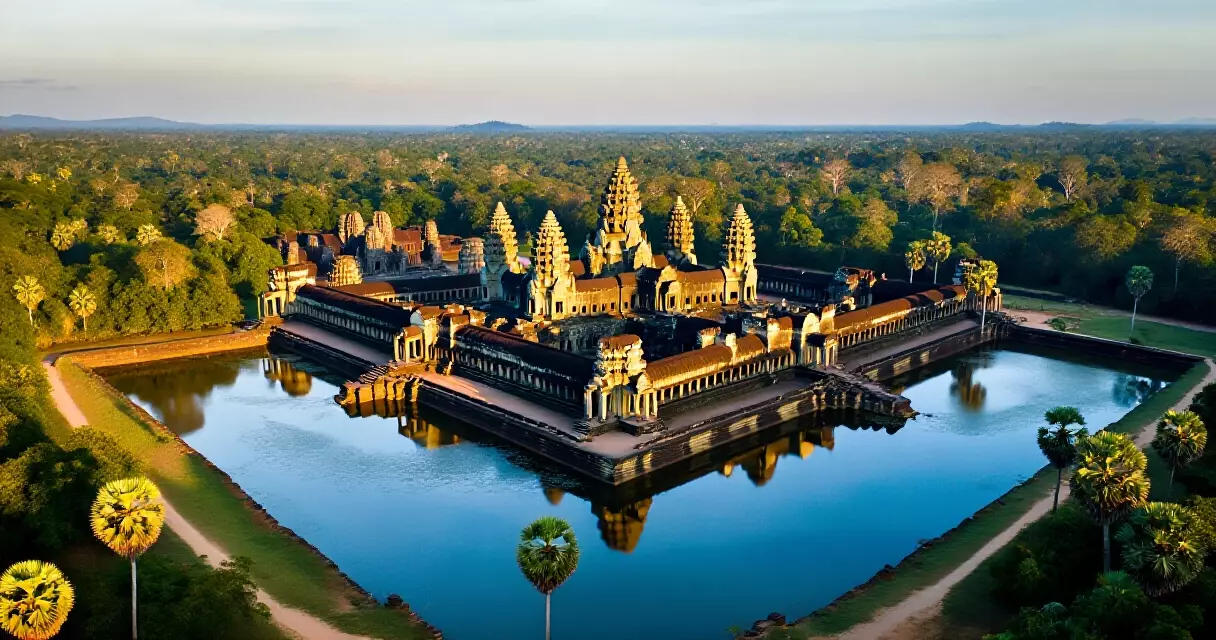 ប្រាសាទអង្គរវត្តពីខាងលើ ស្ថិតក្នុងព្រៃ និងមានស្រះព្រោងព័ទ្ធជុំវិញ