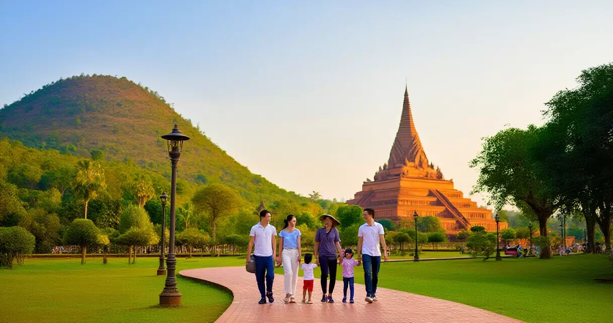 គ្រួសារកំពុងដើរលេងនៅឧទ្យានកម្សាន្តពេលថ្ងៃលិច