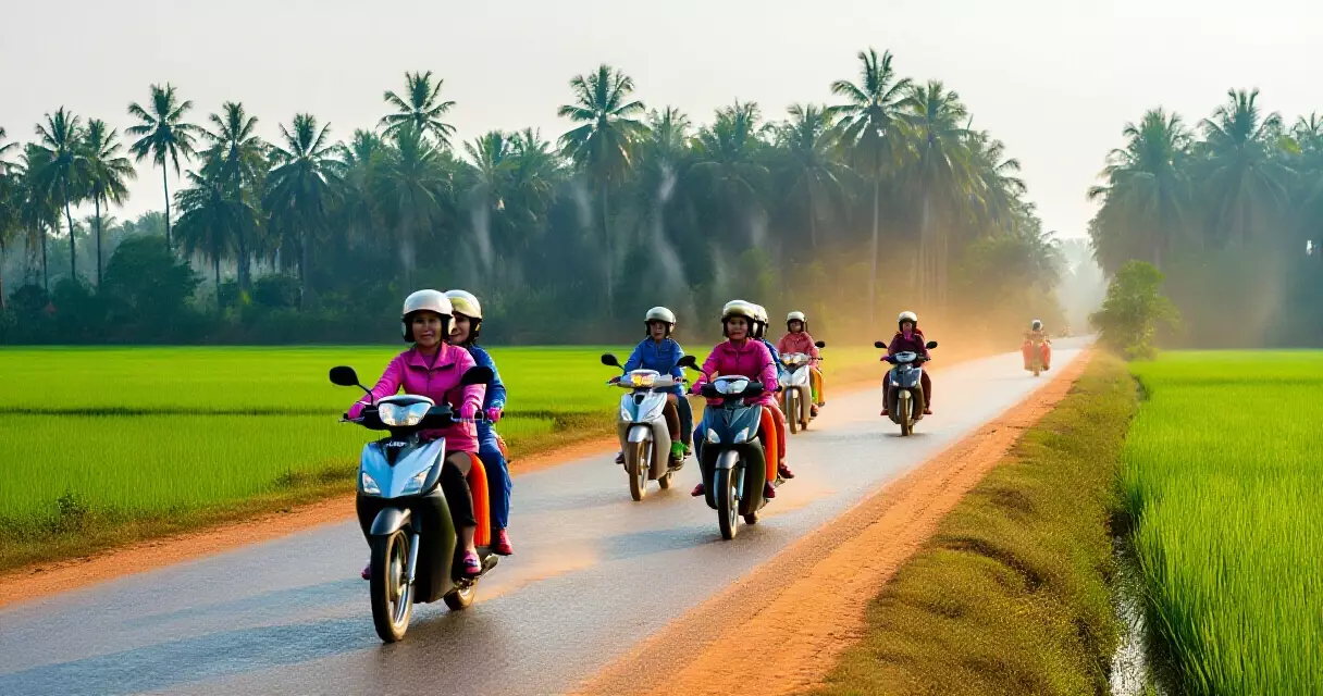 ស្ត្រីជិះម៉ូតូលើផ្លូវនៅជិតខេត្តសៀមរាប កម្ពុជា