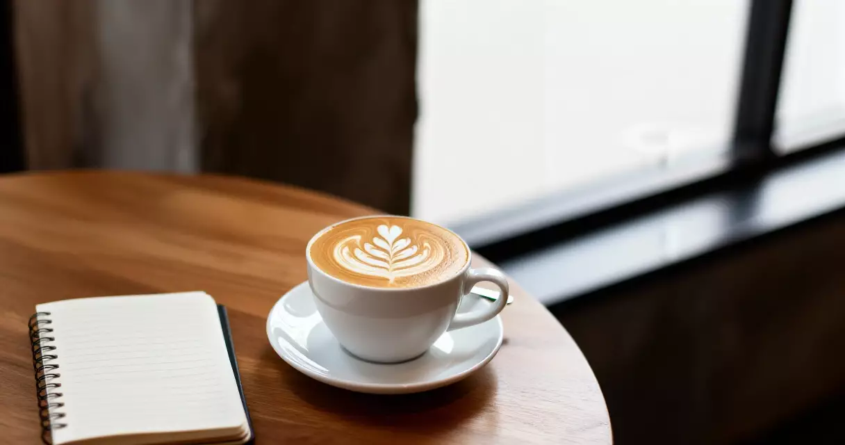 ពែង flat white ដែលមាន latte art នៅលើតុឈើក្នុងហាងកាហ្វេស្ងាត់