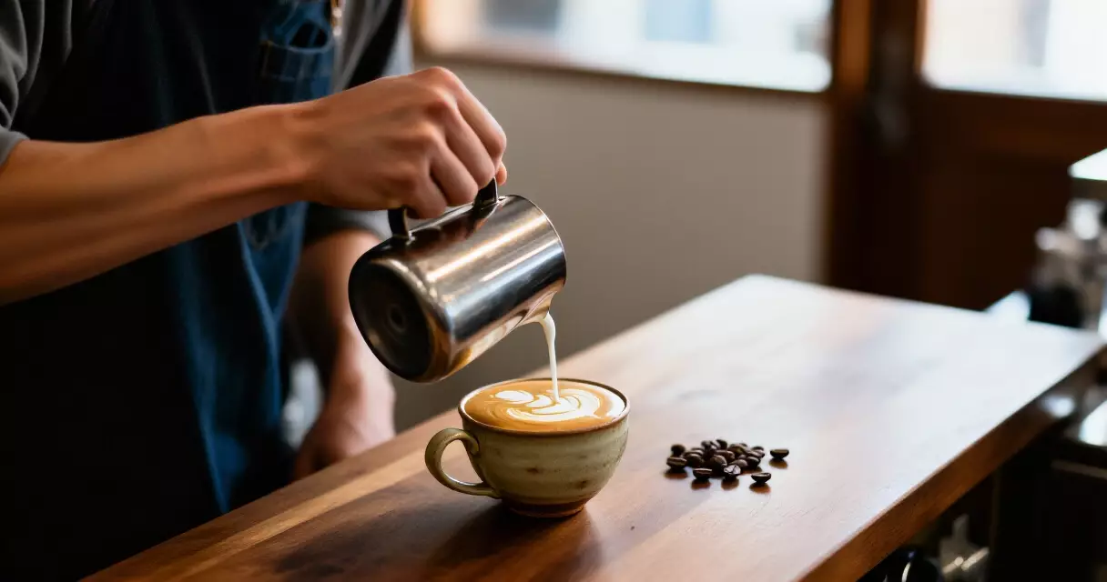 អ្នកធ្វើកាហ្វេកំពុងចាក់ latte art ក្នុងពែង