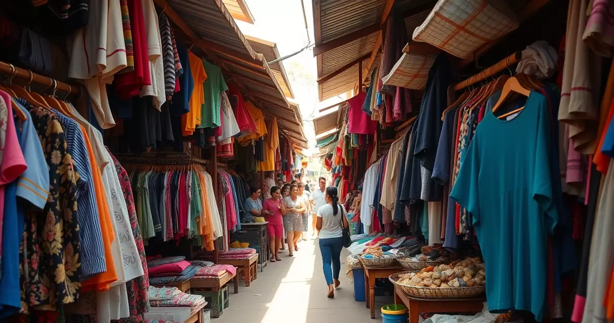 ផ្លូវដើរតូចចង្អៀតក្នុងផ្សារបុរាណកម្ពុជាដែលលក់សម្លៀកបំពាក់ និងសិប្បកម្ម
