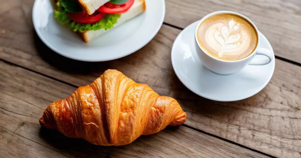 នំ croissant កាហ្វេ cappuccino និង sandwich នៅហាង The Shop