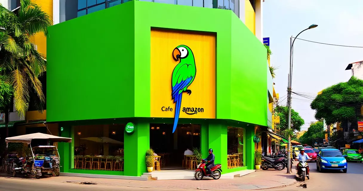 ផ្នែកខាងមុខហាង Caf&eacute; Amazon ពណ៌បៃតង-លឿង នៅតាមដងផ្លូវភ្នំពេញ