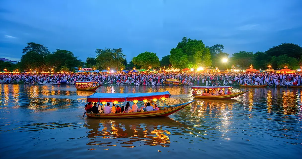 បរិយាកាសបុណ្យអុំទូកនៅមាត់ទន្លេភ្នំពេញពេលយប់មានពន្លឺភ្លើង