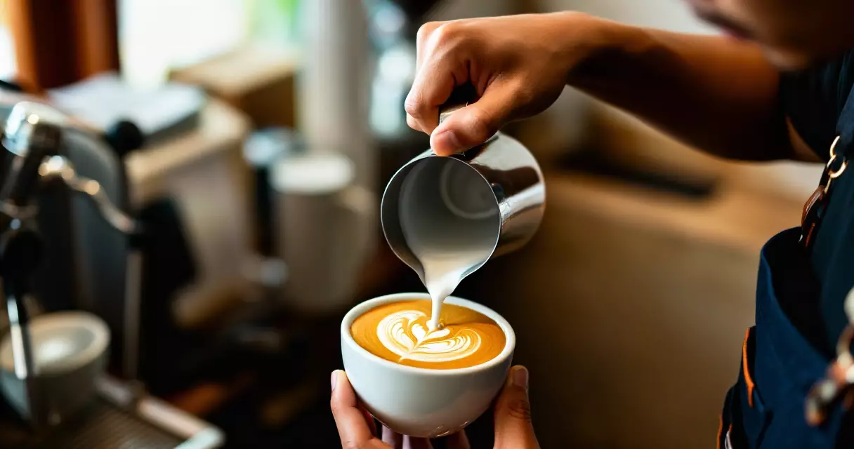 អ្នកចាក់កាហ្វេកំពុងធ្វើ latte art នៅហាងកាហ្វេពិសេស