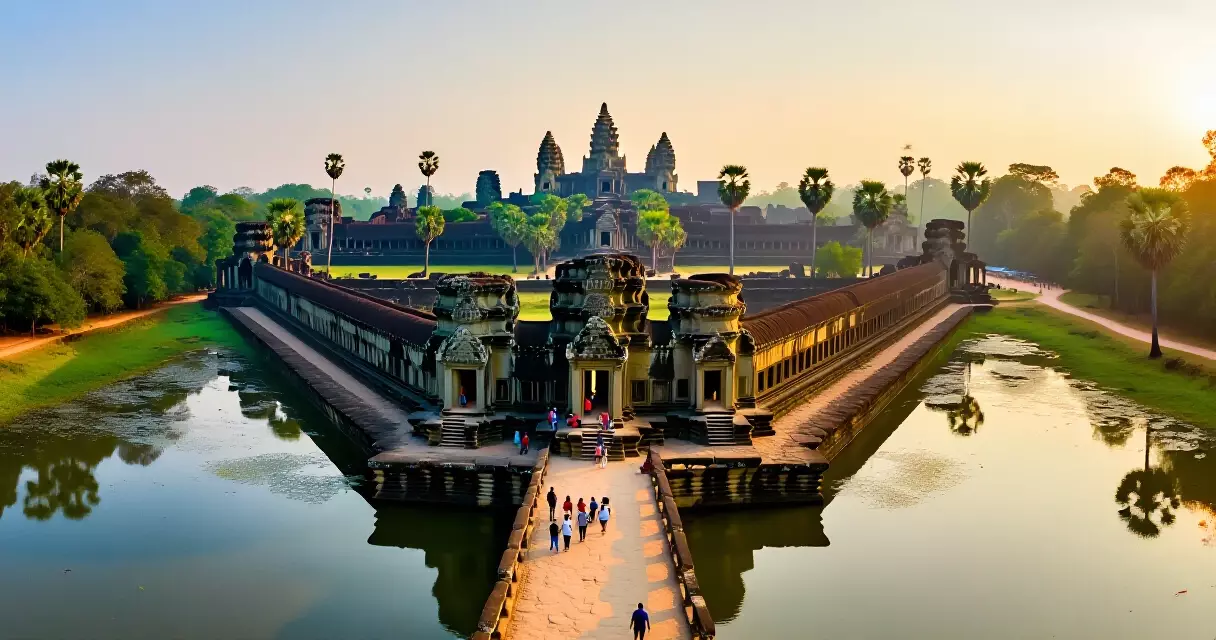 ទិដ្ឋភាពអំពីលើបរិវេណអង្គរវត្តពេលព្រឹក ជាមួយភ្ញៀវតិចតួច