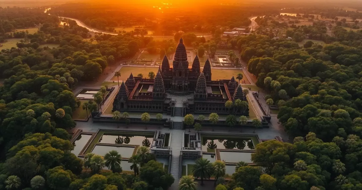 ប្រាសាទអង្គរវត្តពេលថ្ងៃរះ ដែលជាកន្លែងកម្សាន្តល្បីបំផុតរបស់កម្ពុជា