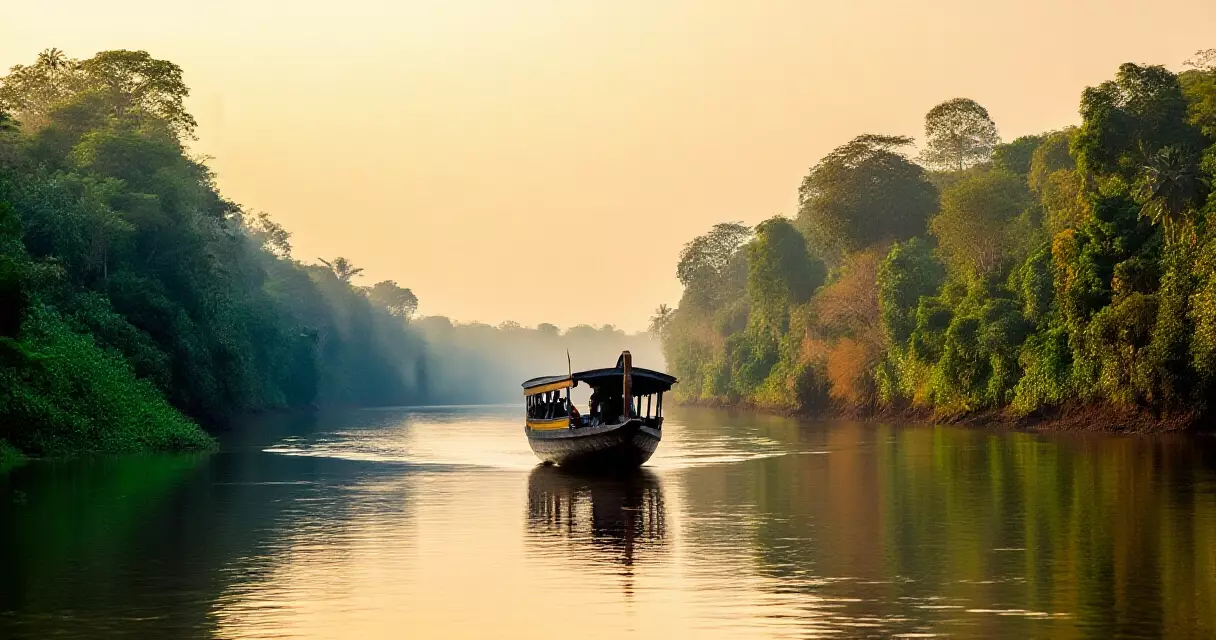 ទូកខ្មែរបែបប្រពៃណីនៅលើទន្លេ ក្នុងពន្លឺថ្ងៃលិច