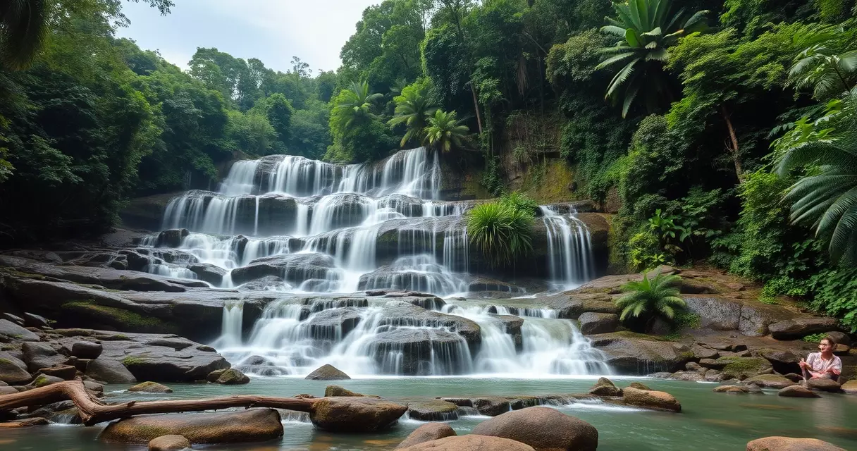 ទឹកធ្លាក់ច្រើនថ្នាក់ហូរកាត់ច្រោះថ្មនៅកណ្ដាលព្រៃក្រាស់នៅកម្ពុជា