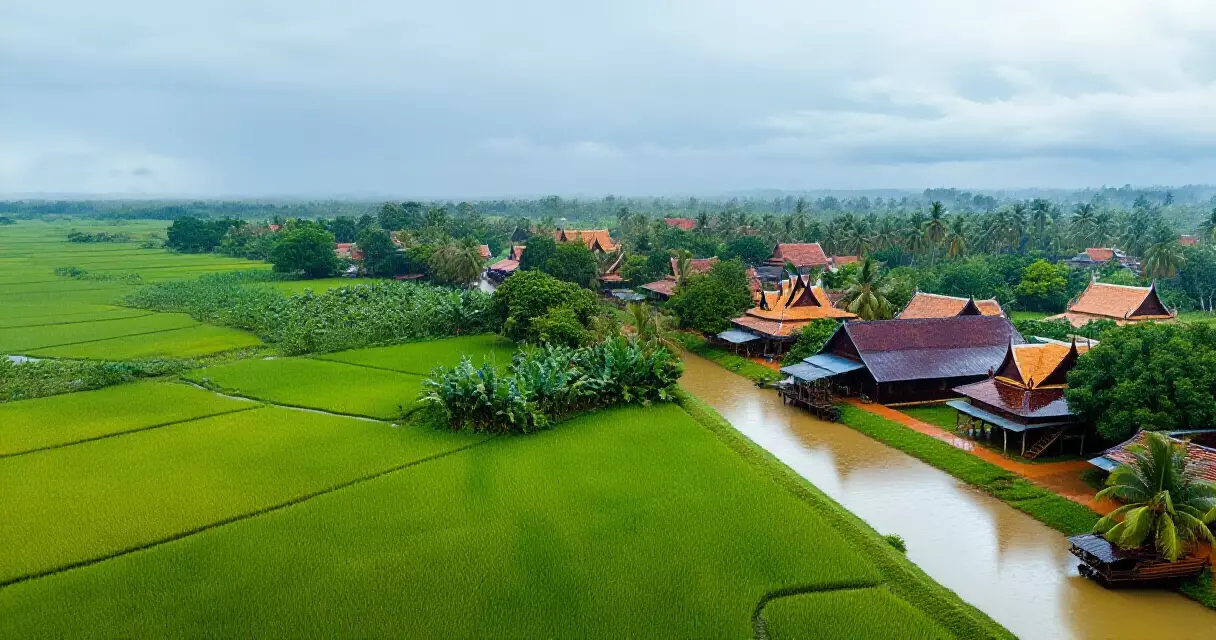 ទិដ្ឋភាពខេត្តសៀមរាបក្នុងរដូវវស្សា មានស្រែបៃតង និងគ្រប់ស្ថាបត្យកម្មខ្មែរ