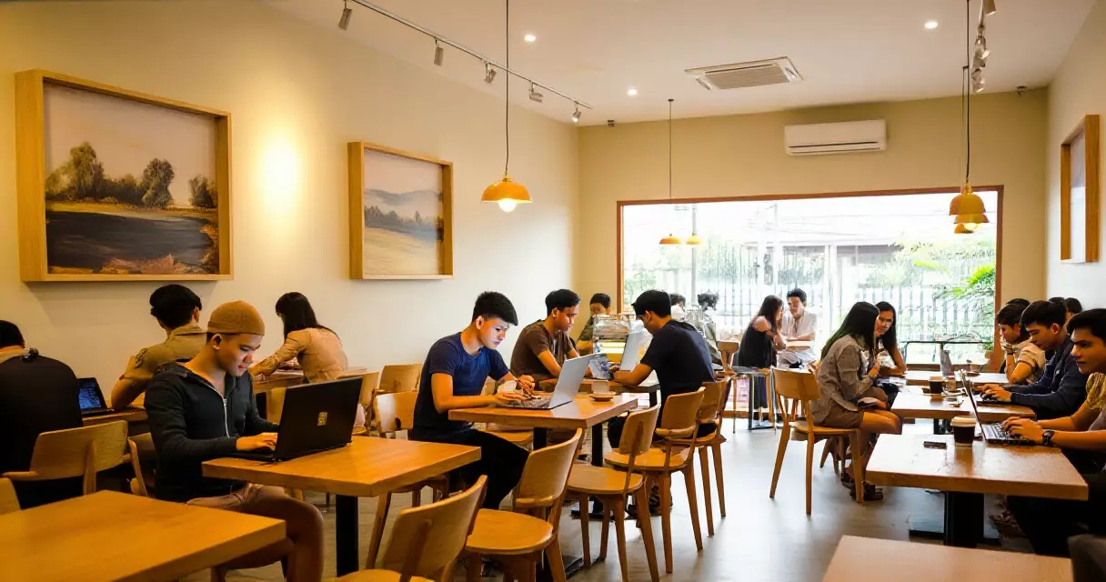 បរិយាកាសខាងក្នុងហាងកាហ្វេទំនើបនៅភ្នំពេញ