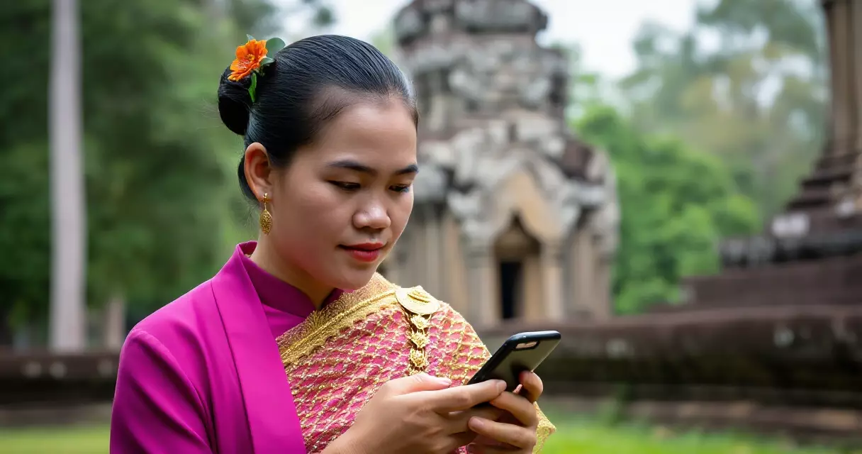 ស្ត្រីខ្មែរប្រើទូរស័ព្ទនៅជិតព្រះវិហារ