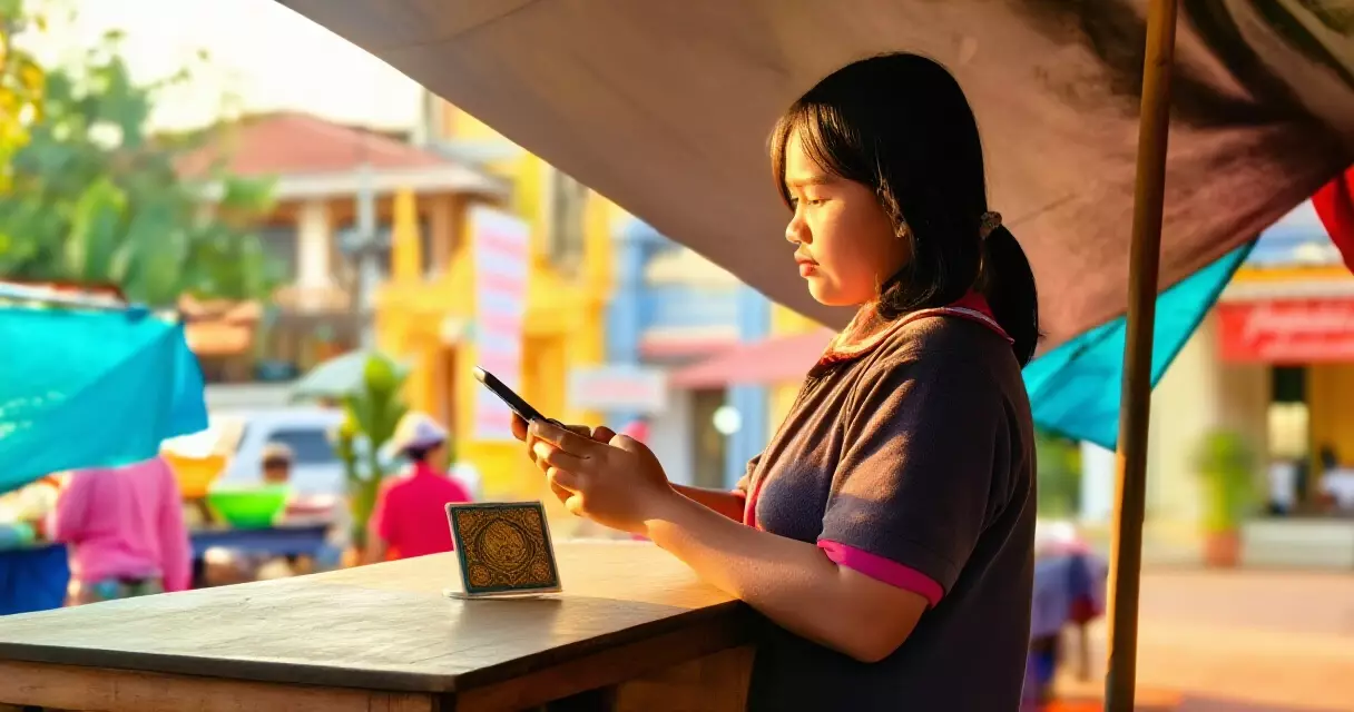 ស្ត្រីខ្មែរម្នាក់ប្រើ smartphone ស្កែ QR Code នៅទីផ្សារ